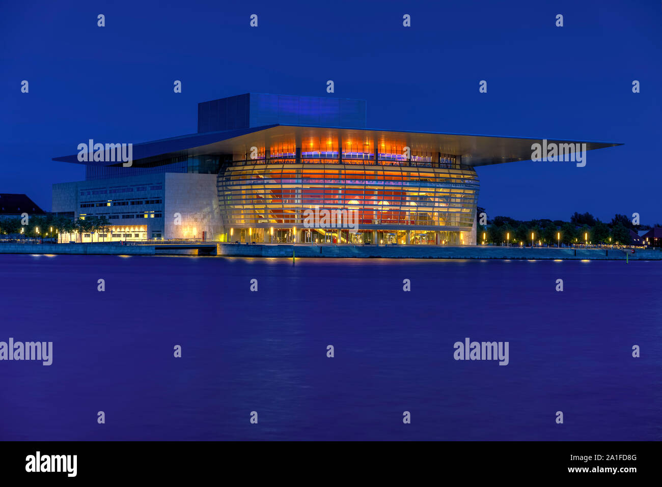 An evening view of the Copenhagen Opera House on Holmen Island, Copenhagen, Denmark, Europe. Stock Photo