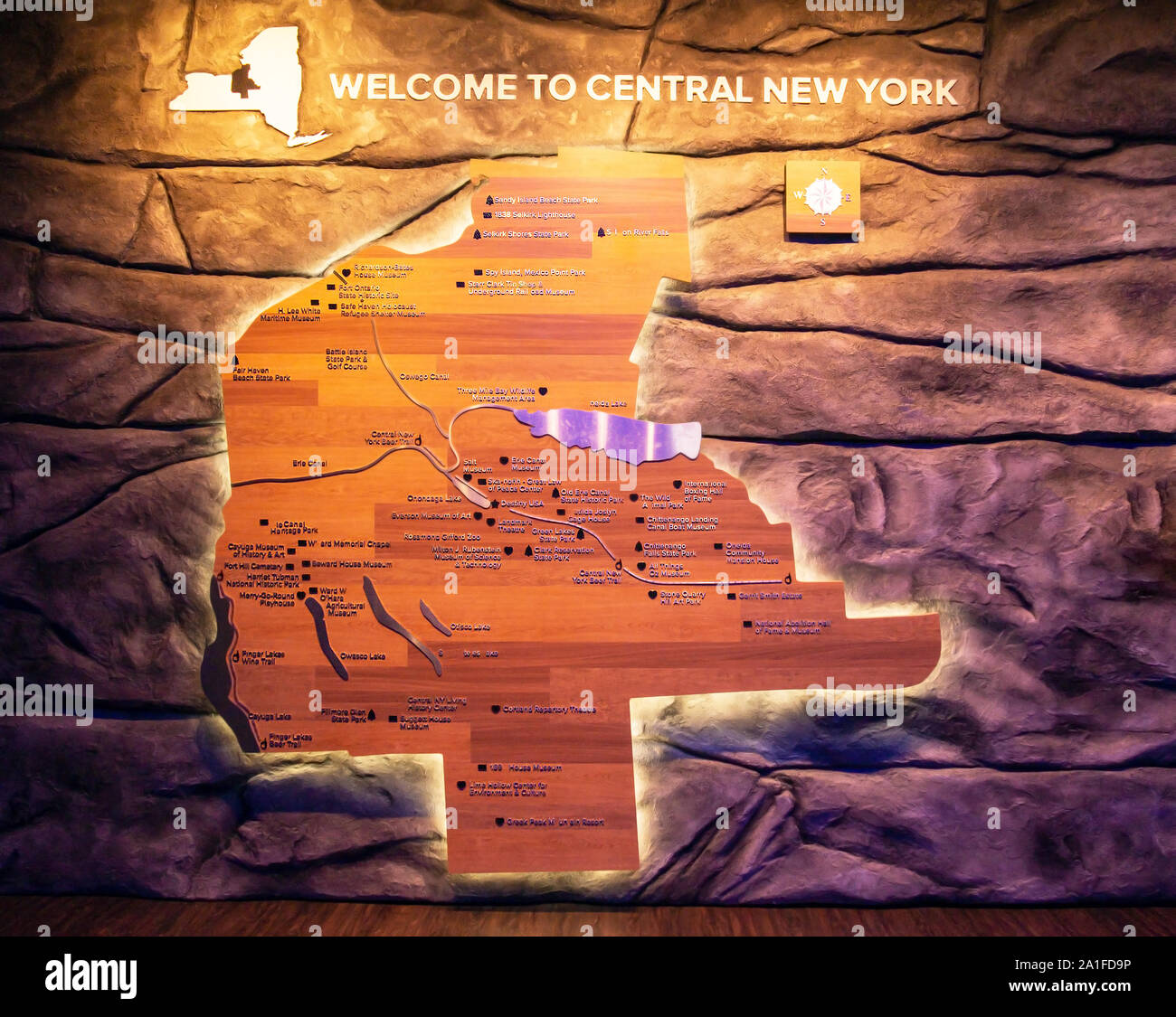 Display with map of central New York attractions Stock Photo
