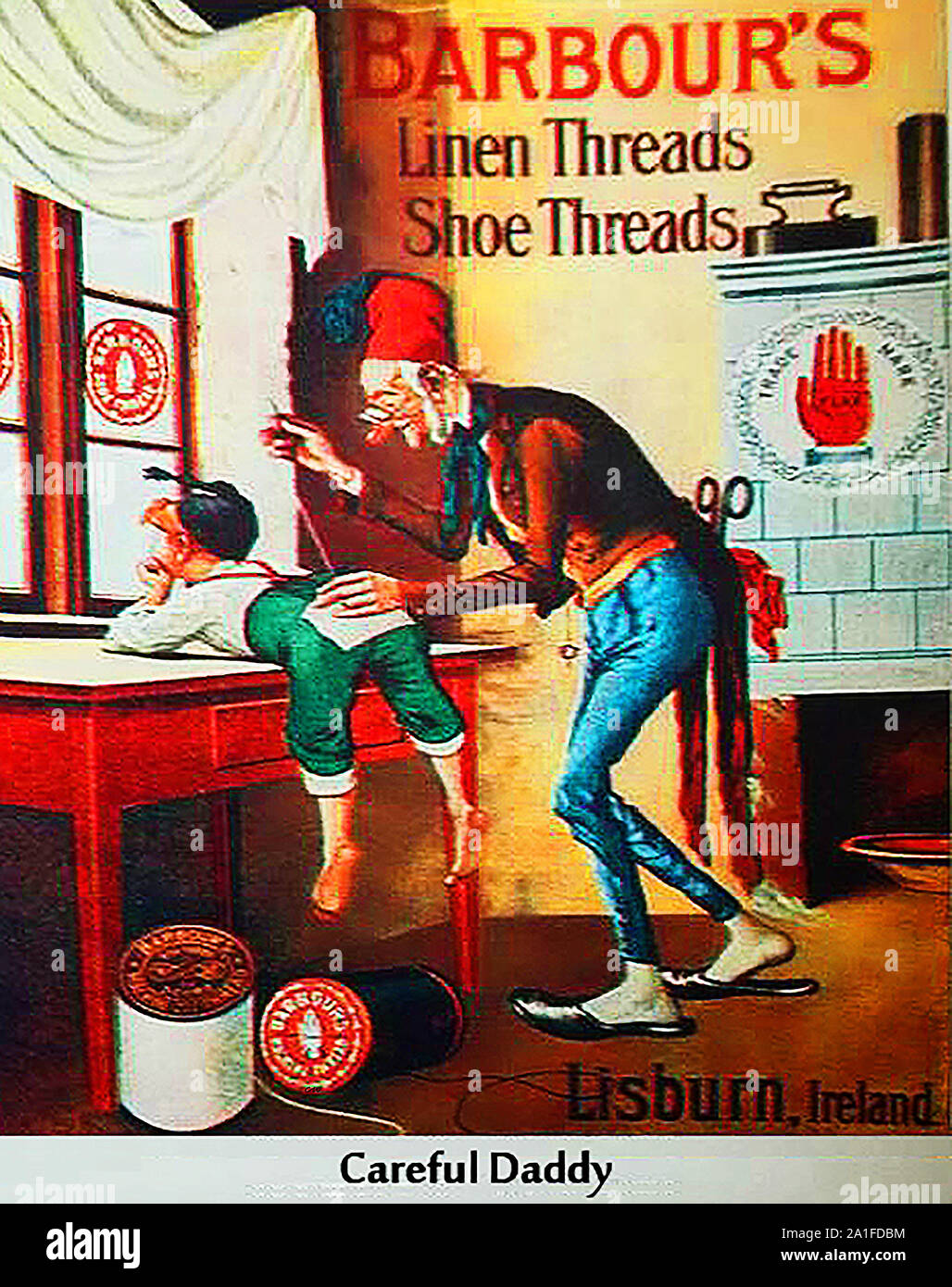 An early advertisement  (c1898 )for Barbour's linen threads and shoe threads showing a cartoon version of a man mending his son's trousers and giant reels of cotton. Barbour's of Lisburn was originally started by  John Barbour  (A Scotsman from  Paisley) in 1785, who bought linen thread for manufacturing in Scotland. In 1999 it was acquired by Coats Viyella. Barbour's trademark was the Red Hand of Ulster Stock Photo