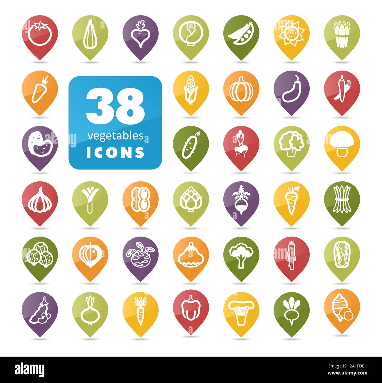 Vegetables flat vector pin map icons set. Map pointer. Map markers. Vector illustration eps 10 Stock Vector