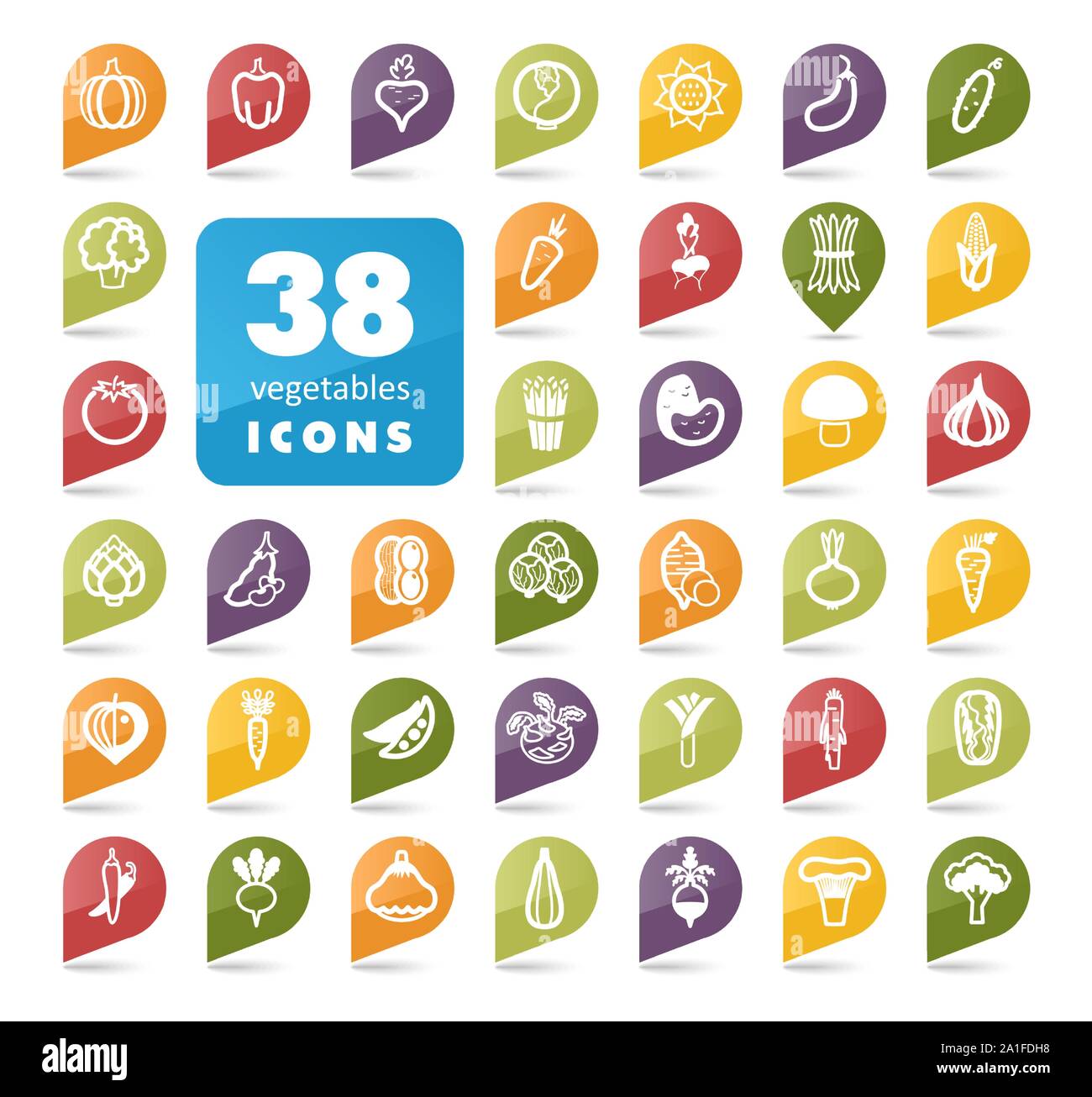 Vegetables flat vector pin map icons set. Map pointer. Map markers. Vector illustration eps 10 Stock Vector