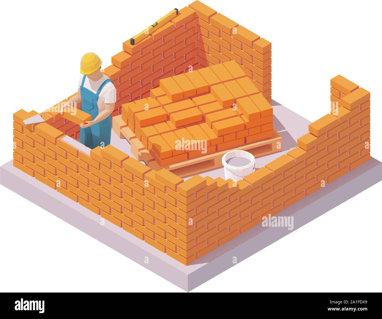 Vector isometric builder or bricklayer building or bricklaying brick wall on construction site. Construction worker with trowel in hardhat or protecti Stock Vector