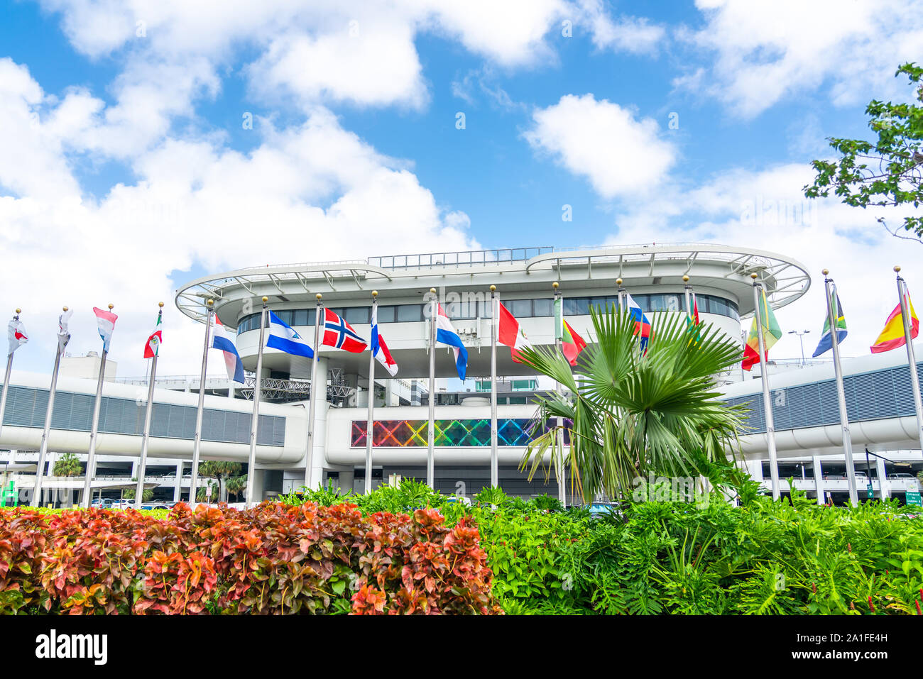 Miami, USA September 21, 2019 Miami international airport with flags of many different