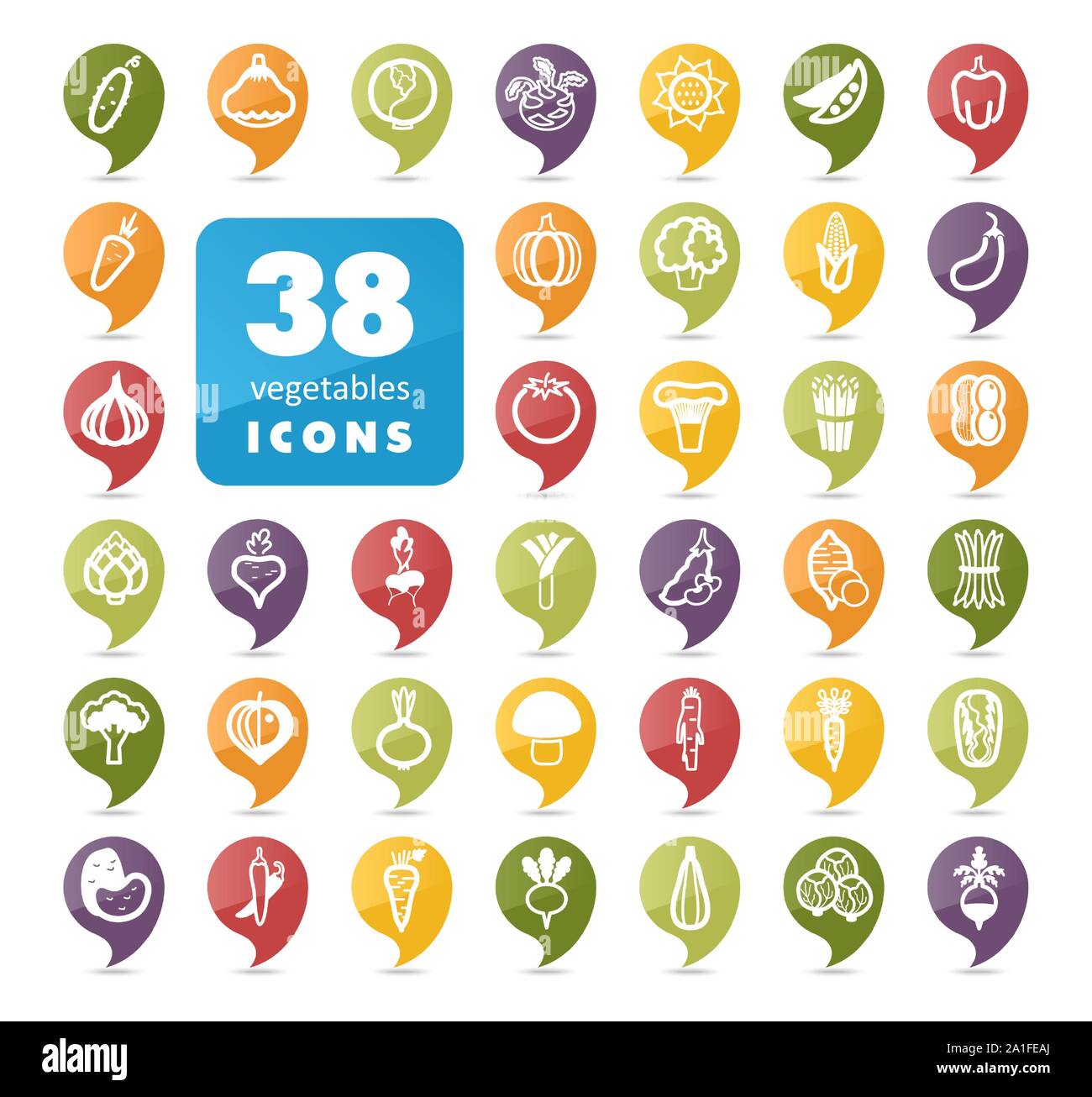 Vegetables flat vector pin map icons set. Map pointer. Map markers. Vector illustration eps 10 Stock Vector