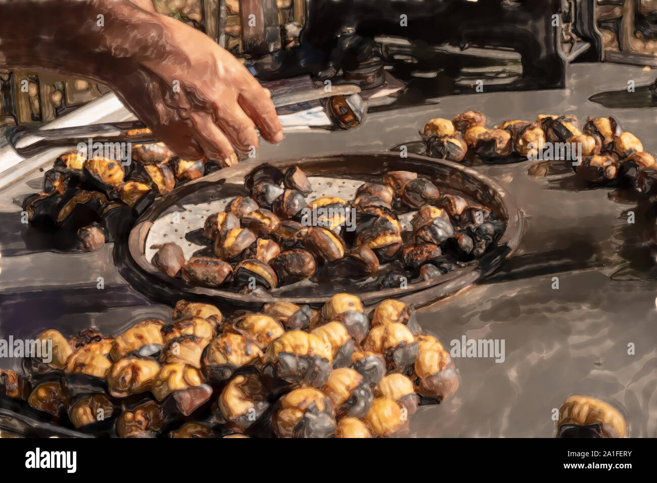 watercolor illustration: Baked chestnuts on the grill for sale on the street Stock Photo