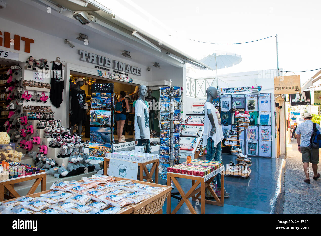 SANTORINI, GREECE APRIL, 2018 Stores at Perissa beach in Santorini