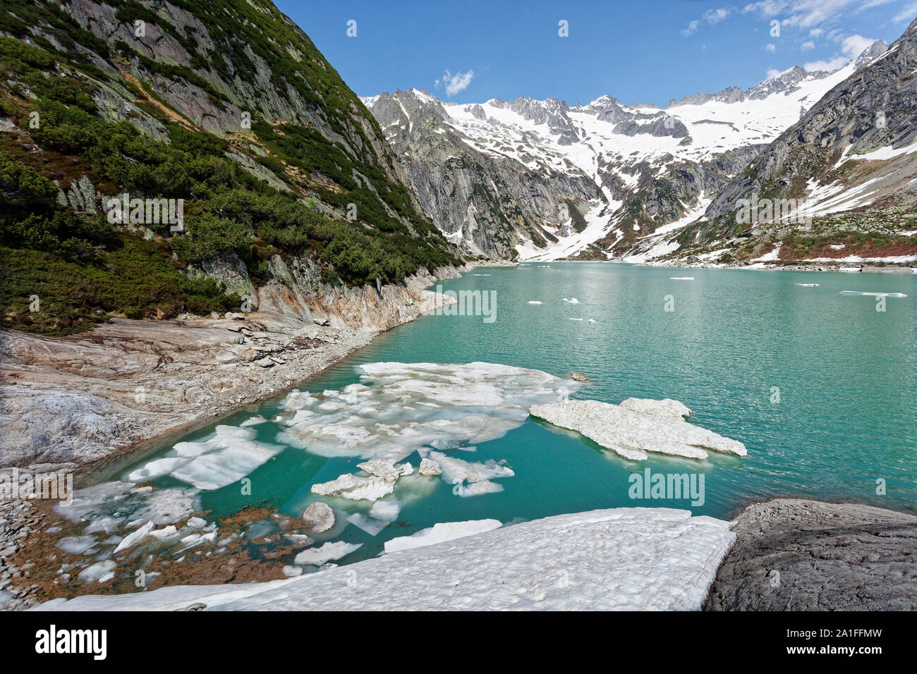 Gelmersee lake dam in Bernese Alps accessible by Gelmerbanh furnicular ...