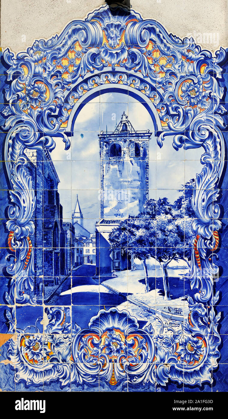 Portuguese traditional blue tiles (1932). Santarém market, Portugal Stock Photo