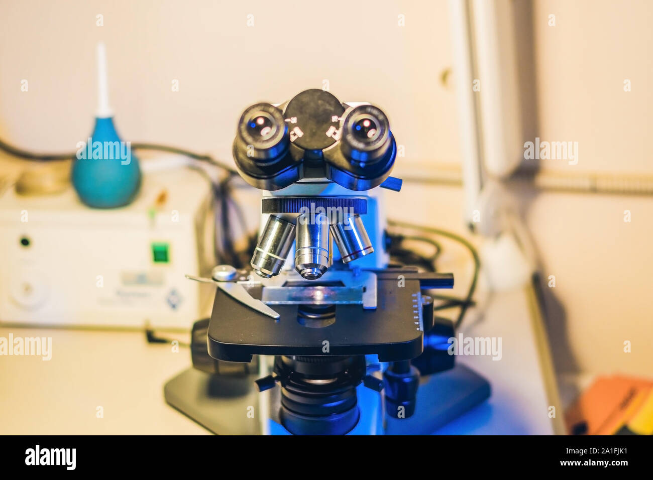 Optical microscope with four different objective lenses Stock Photo Alamy