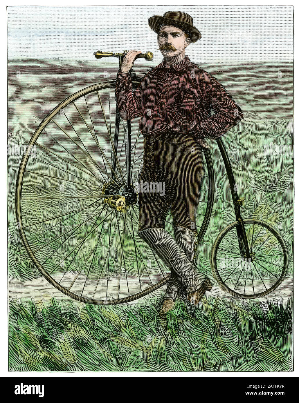 Thomas Stevens, first person to ride a bicycle around the world, on the US Great Plains, 1884. Hand-colored woodcut Stock Photo