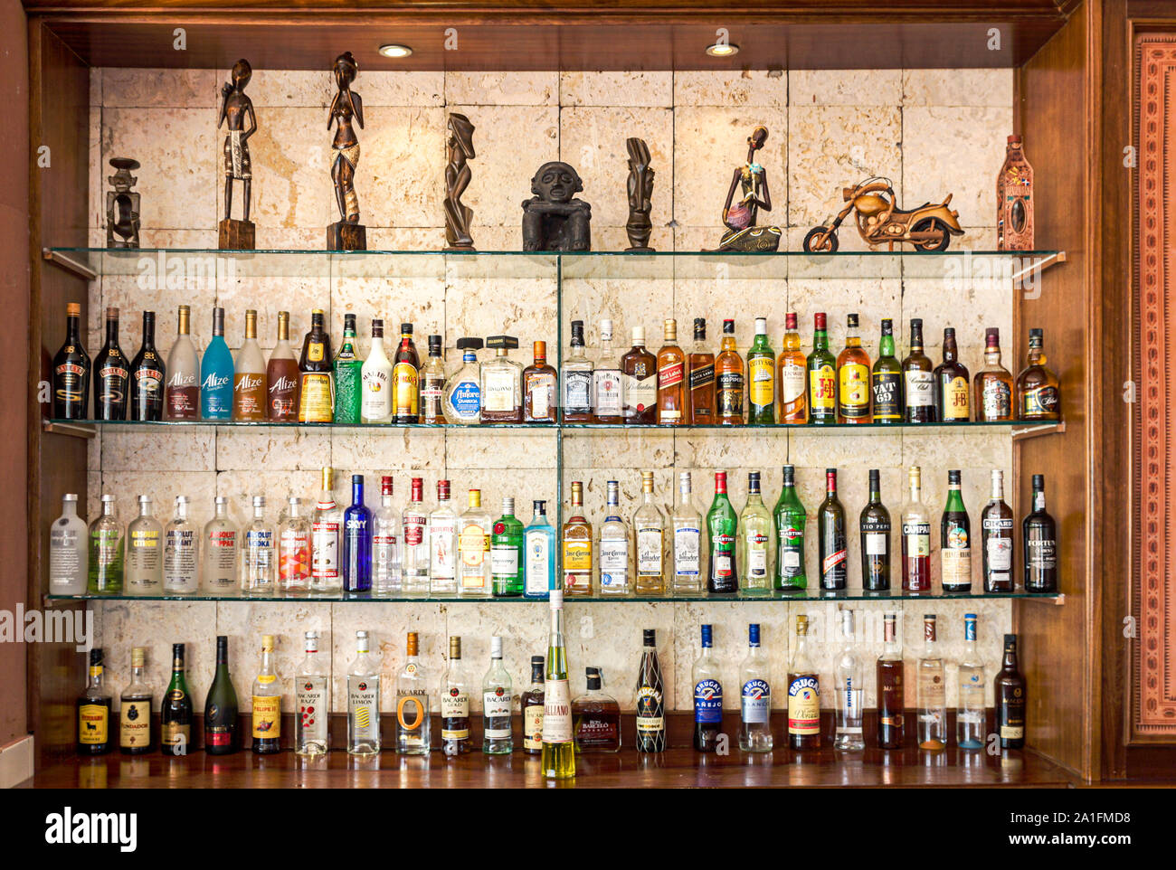 Punta Cana, Dominican Republic - June 11, 2014: A Cocktails Bar with an Assortment of Alcoholic Drinks. Stock Photo