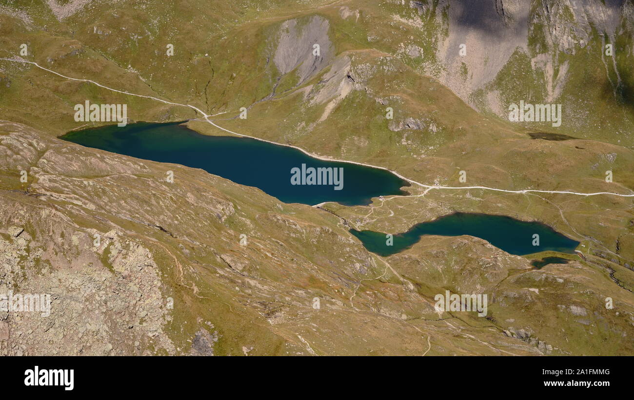 Late summer aerial view of picturesque Bachalpsee above Grindelwald in the Bernese Alps, Switzerland. Stock Photo