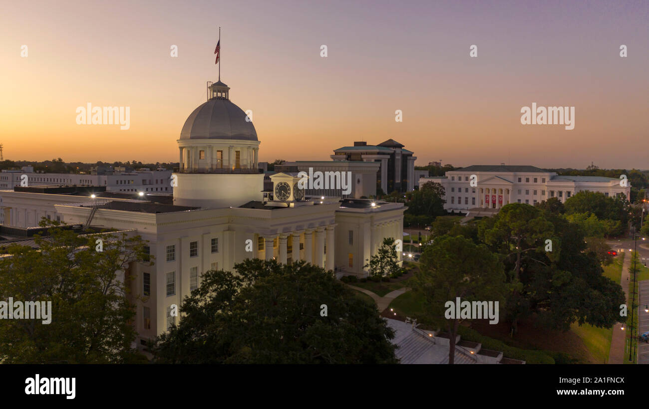 Golden sunlight reaches the horizon showing around the capital statehouse in Montgomery Alabama Stock Photo