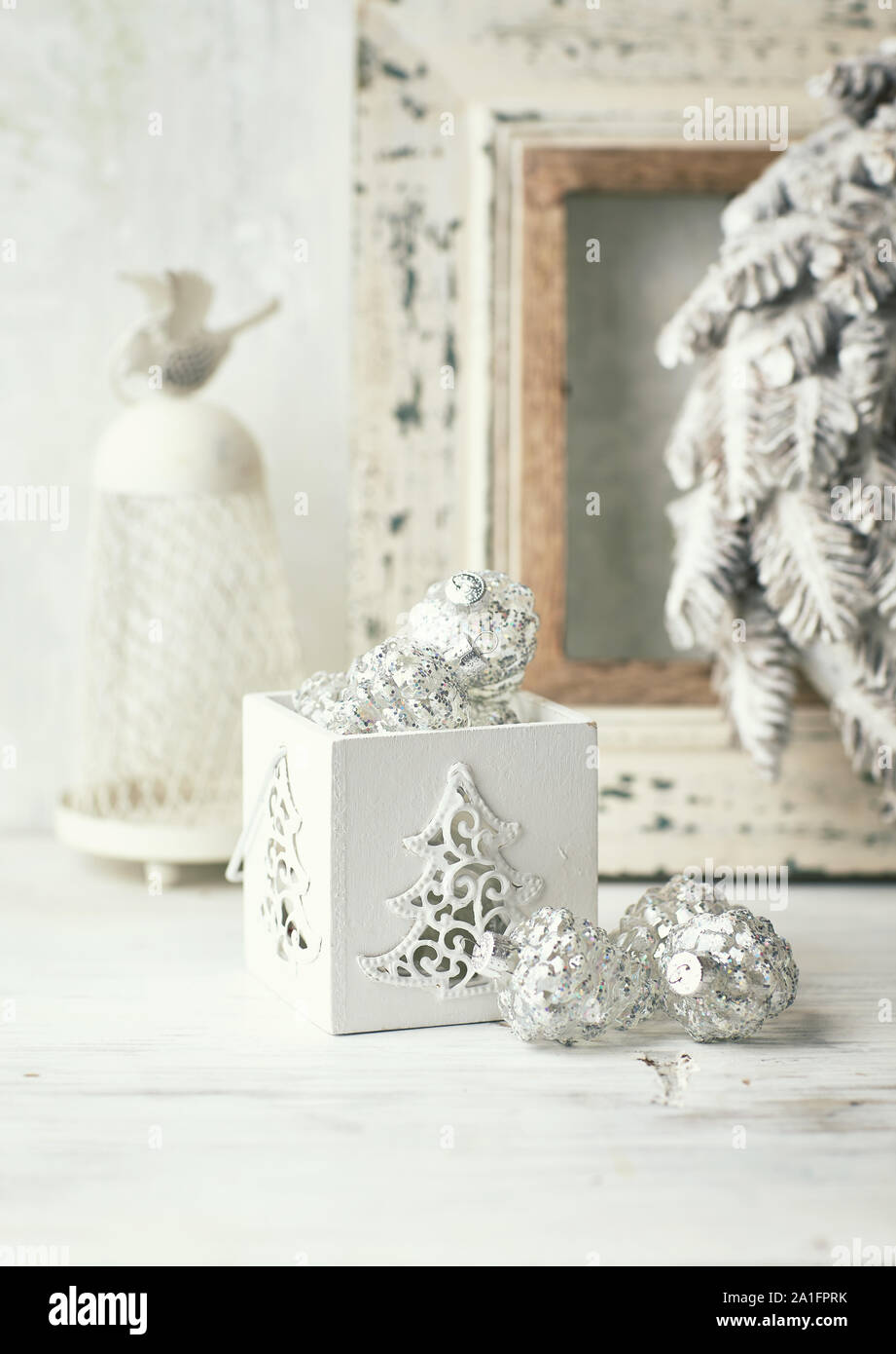 Vintage Christmas decorations in white Stock Photo - Alamy
