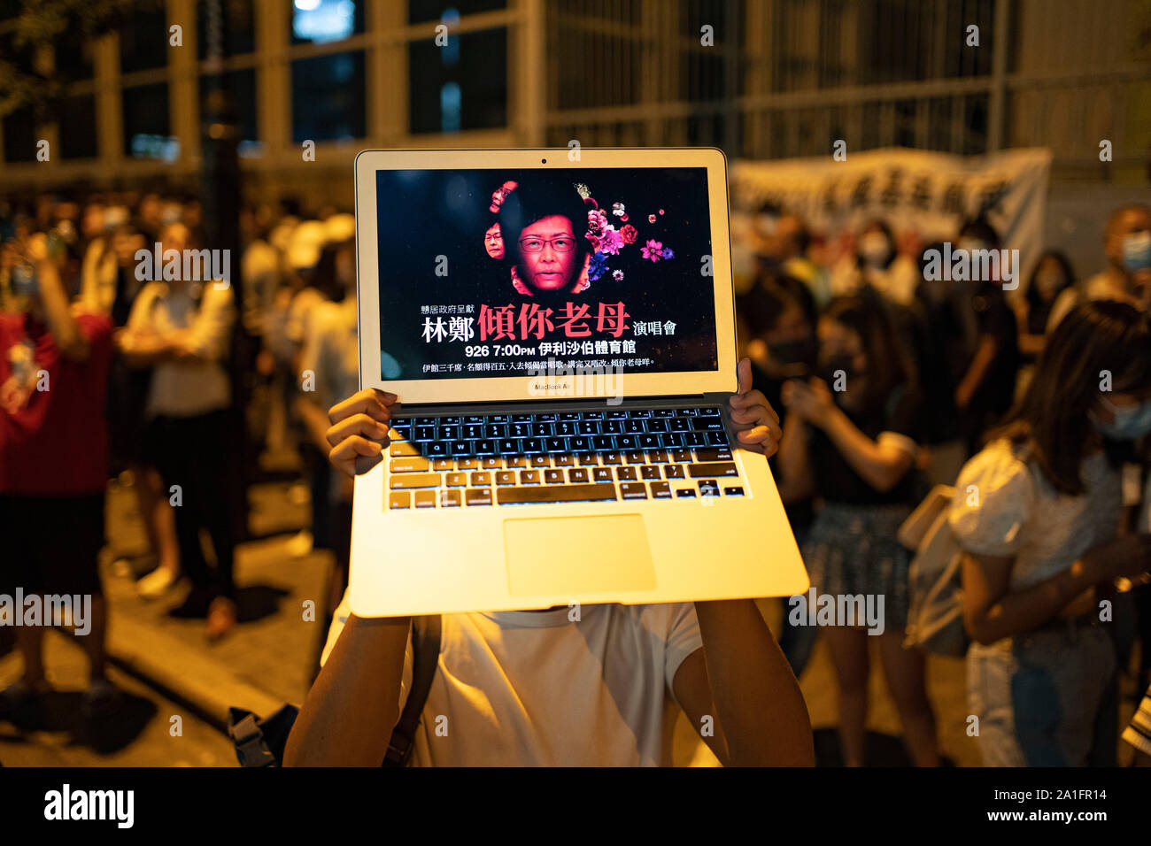 Wanchai, Hong Kong. 26 September, 2019. Demonstrators outside  the Queen Elizabeth Stadium on Thursday where Chief executive Carrie Lam was holding a dialogue with randomly selected representatives from the public to alleviate fears about the now dropped anti extradition law. Iain Masterton/Alamy Live News. Stock Photo