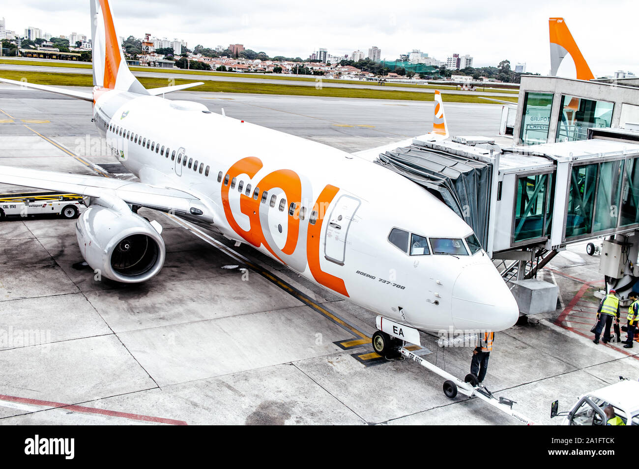 Photograph taken at the Congonhas airport the city of São Paulo-Brazil in the month of March 2019. Boeing 737-700 Aircraft from GOL company. Stock Photo