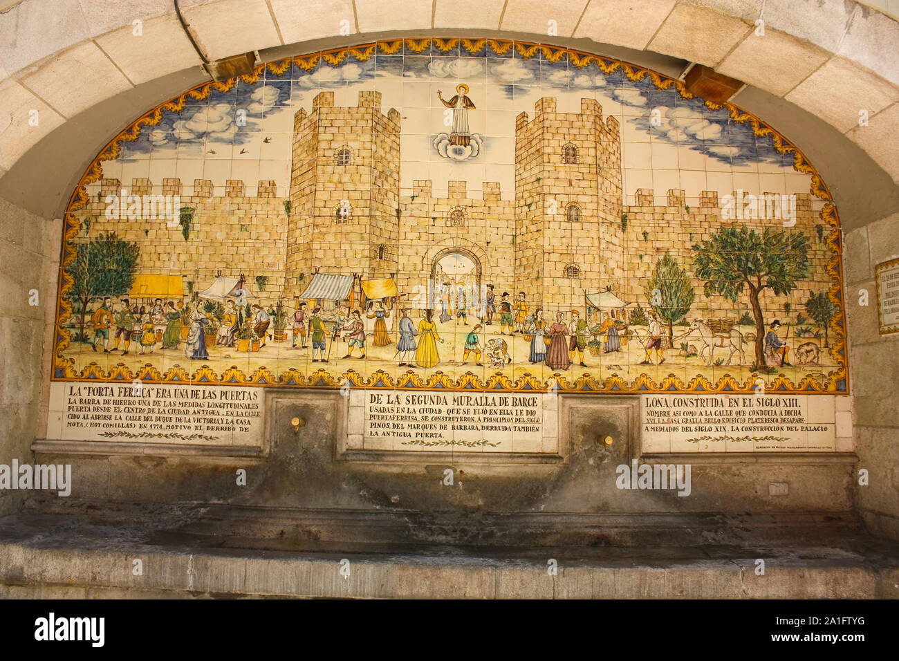 Mosaic of the ancient wall and entrance to Barcelona. Built in the  mid-nineteenth century by Joan Baptista Guivernau. Portaferrissa (iron gate  Stock Photo - Alamy
