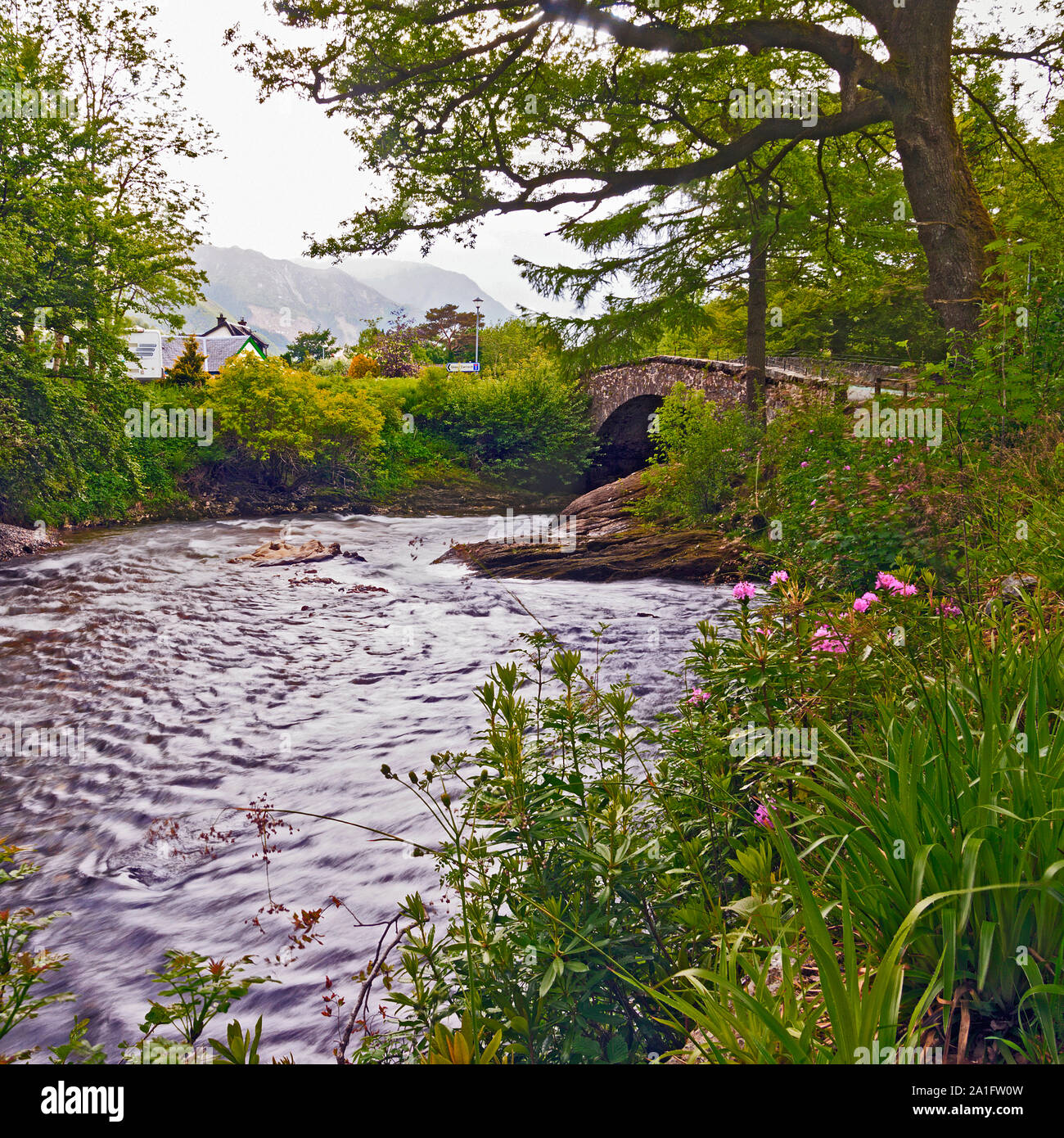 River Coe flowing through Glencoe Village, Scotland Stock Photo
