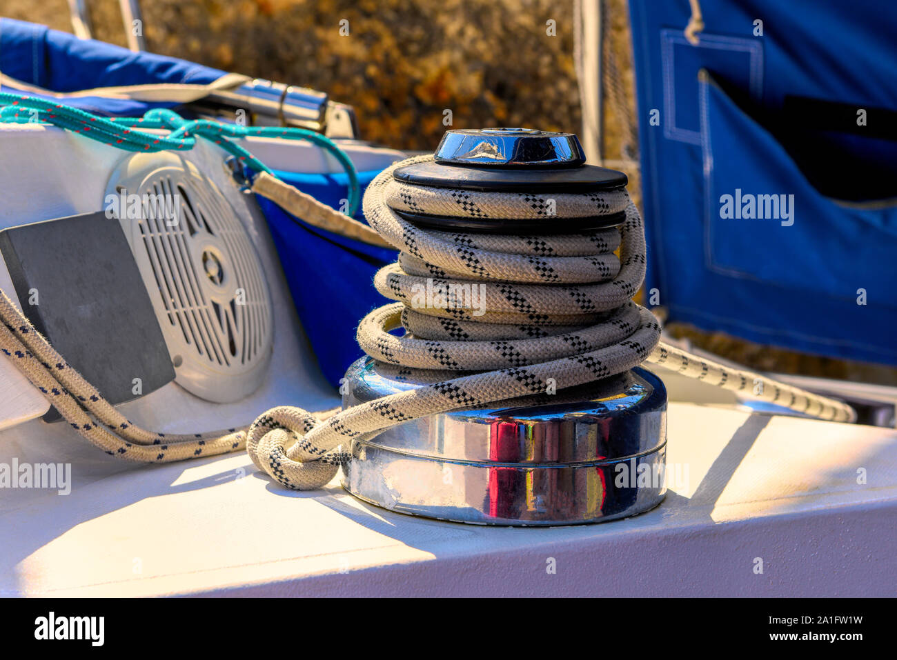 Sheet rope on a winch of a sailing yacht Stock Photo