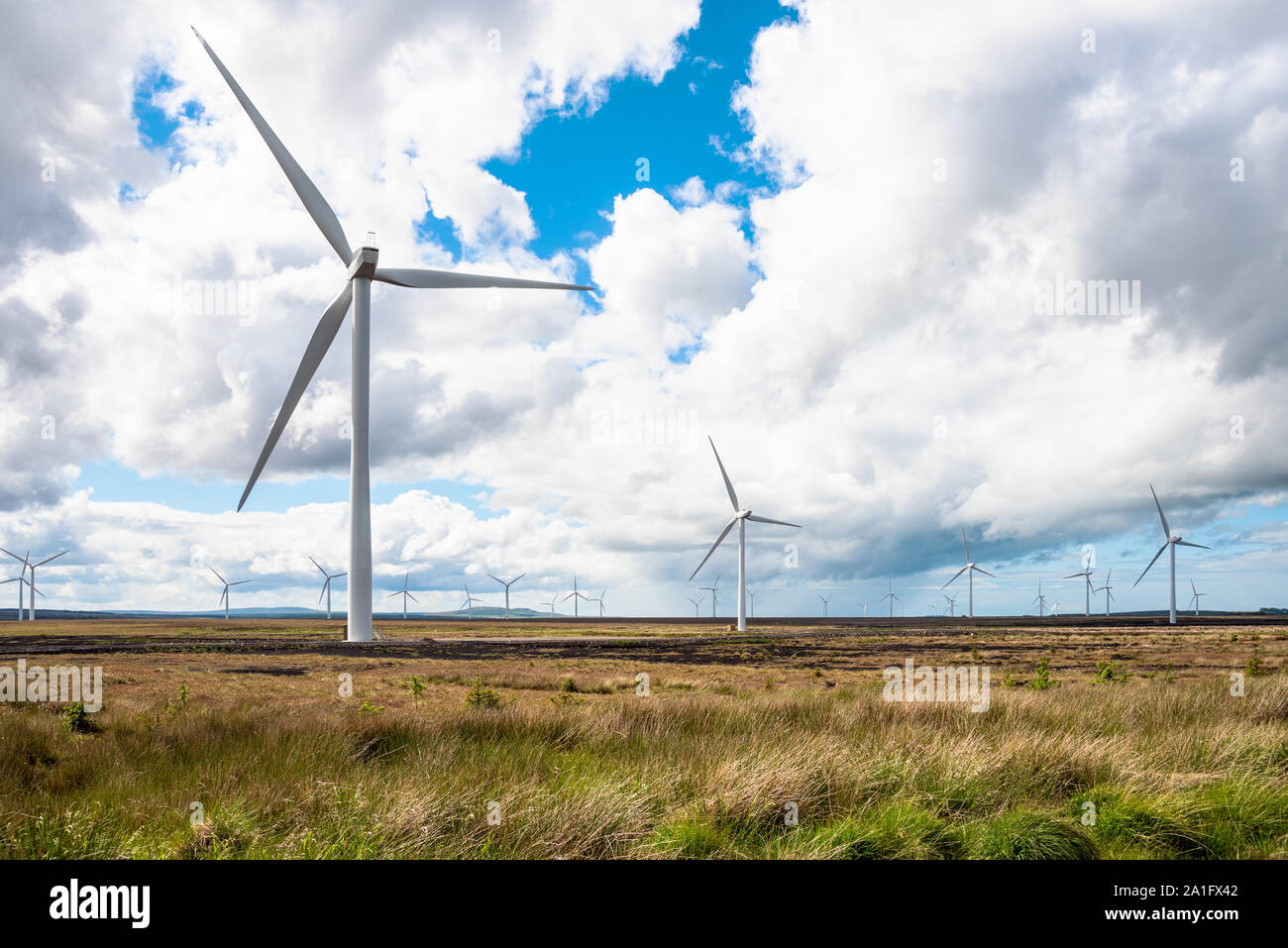 Wind turbines in a field under a partly cloudy sky in spring Stock Photo