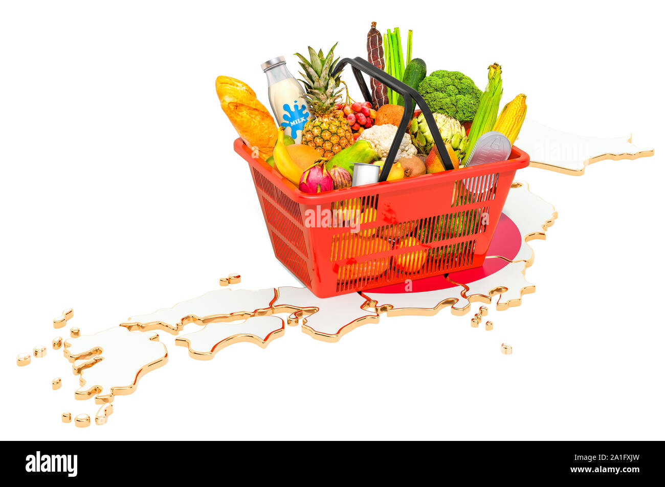 Market basket or purchasing power in Japan concept. Shopping basket with Japanese map, 3D rendering isolated on white background Stock Photo