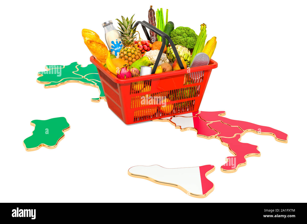 Market basket or purchasing power in Italy concept. Shopping basket with Italian map, 3D rendering isolated on white background Stock Photo