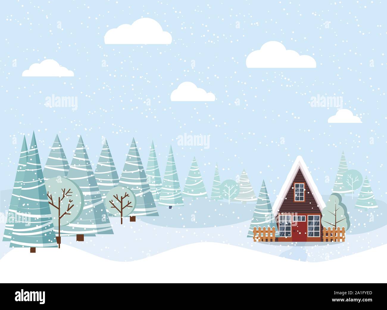Winter landscape with country house, winter trees, spruces, clouds, snow in  cartoon flat style Stock Vector Image & Art - Alamy