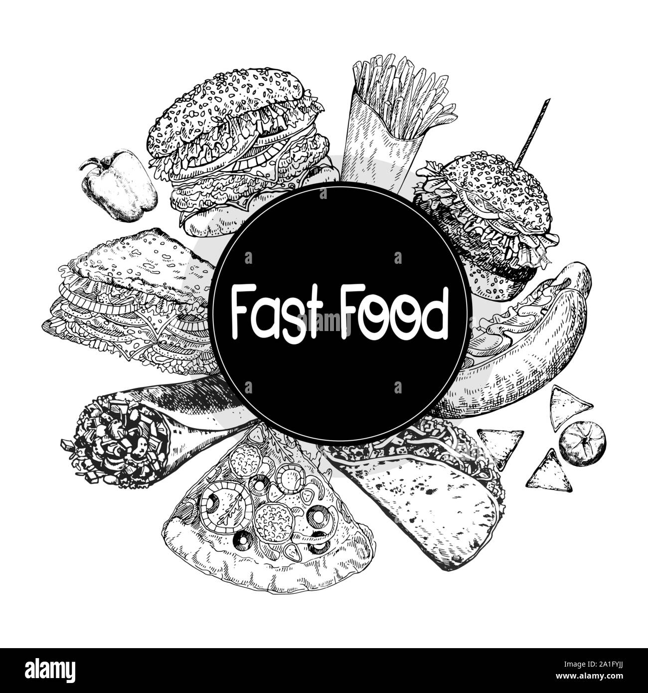 Poster / card composition of hand drawn sketch style fast food isolated ...