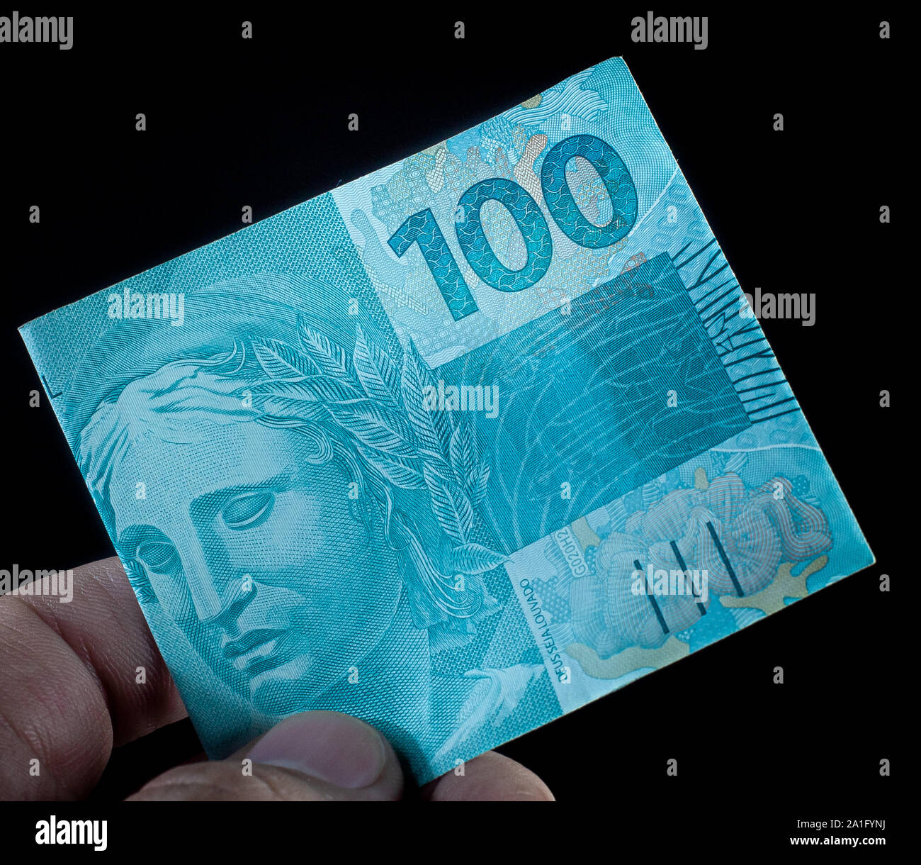 Real, Brazilian Currency. Photo of a one hundred dollar bill. Stock Photo