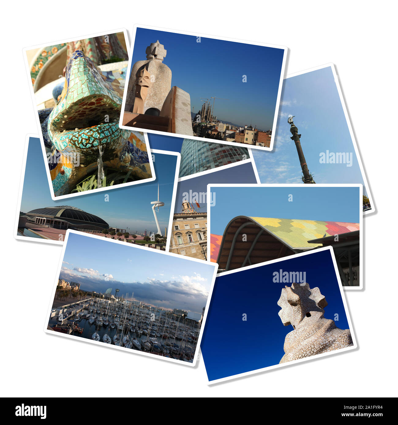 Cards with different images of the city of Barcelona: Colon, Gaudi, Port, Europe Olympic square ... Spain Stock Photo