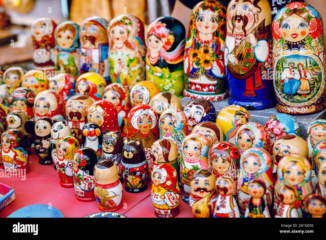 Wooden Nesting Dolls or Russian Matryoshka Dolls for sale in St Petersburg, Russia Stock Photo
