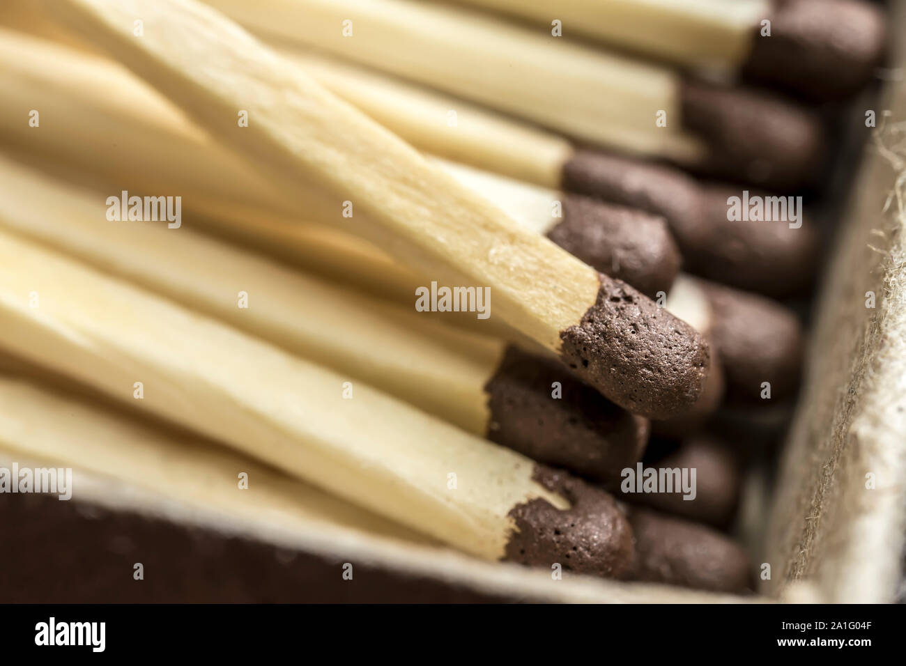 Macro matches are unused in a matchbox Stock Photo