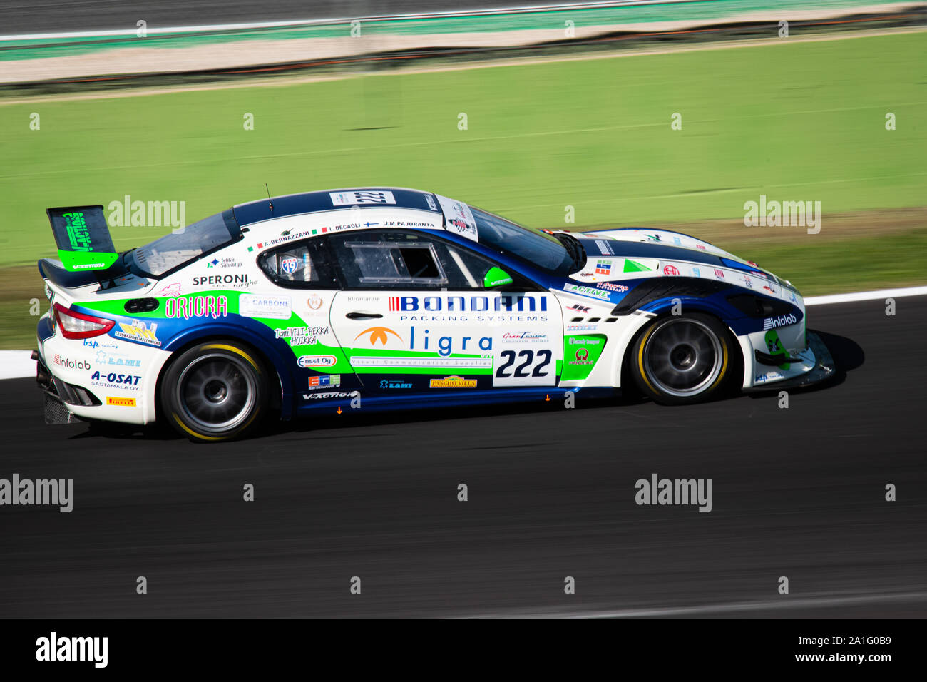 Vallelunga, Italy september 14 2019. Full length of racing Maserati GT racing car in action during race blurred motion background Stock Photo