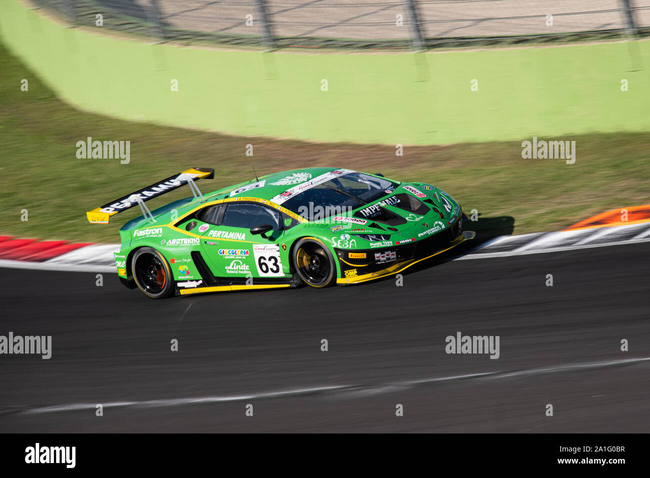 Vallelunga, Italy september 14 2019. Full length of racing Lamborghini Huracan racing car in action during race blurred motion background Stock Photo