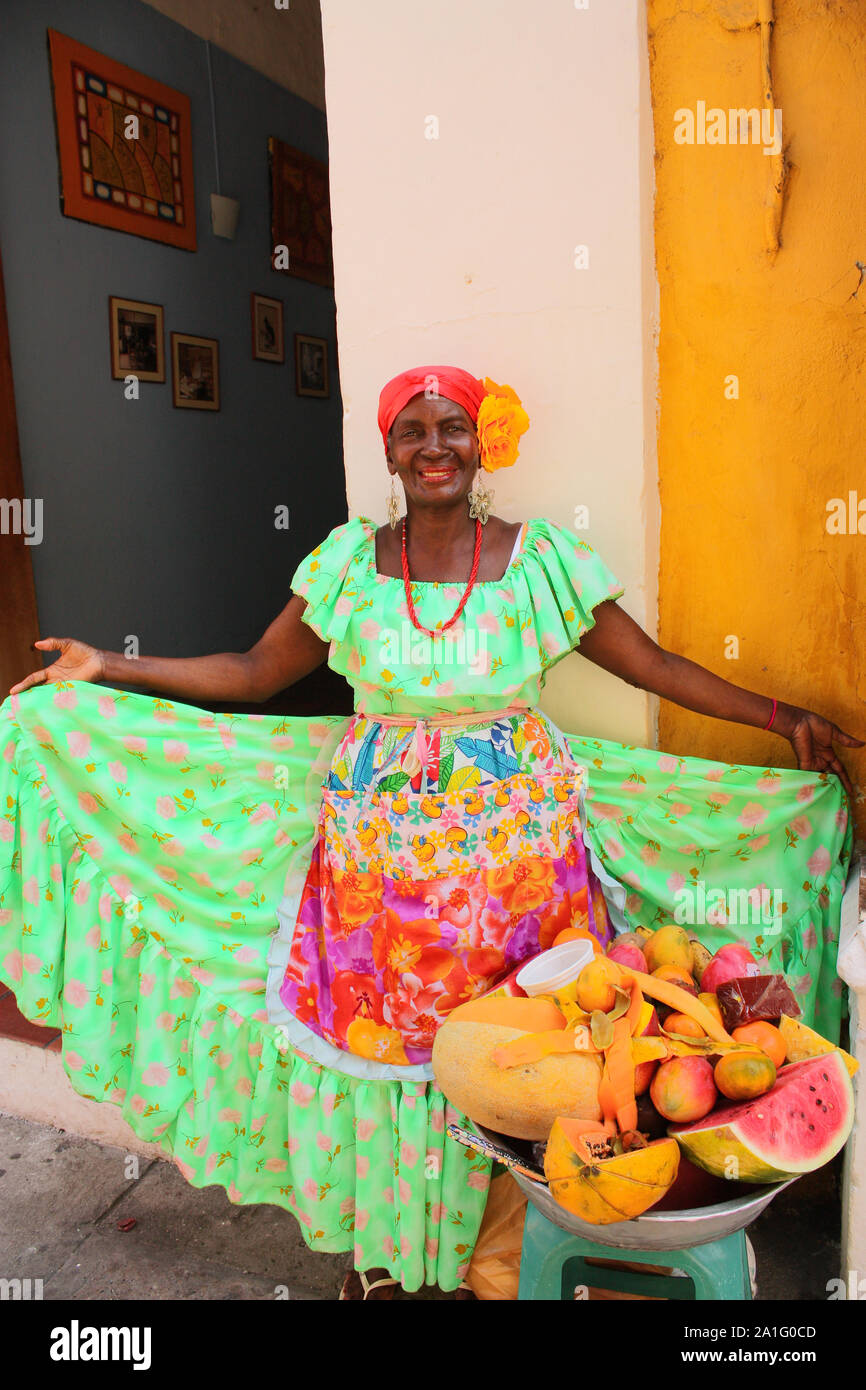 Typical fruit seller in the streets of Cartagena de Indias, Colombia Caribbean. Stock Photo