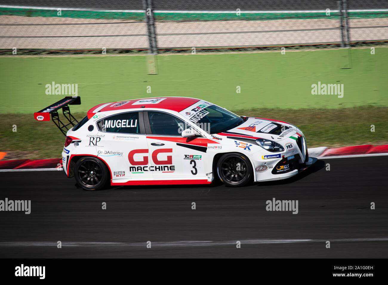 Vallelunga, Italy september 14 2019. Full length of racing Alfa Romeo Giulietta racing car in action during race blurred motion background Stock Photo