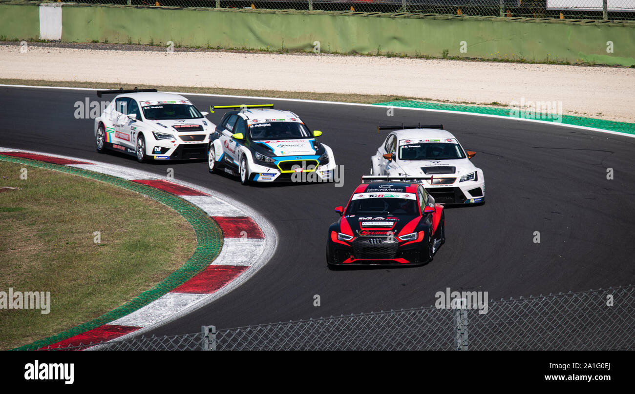 Vallelunga, Italy september 14 2019. High angle view of touring cars Audi Cupra Hyundai at turn in racing circuit Stock Photo
