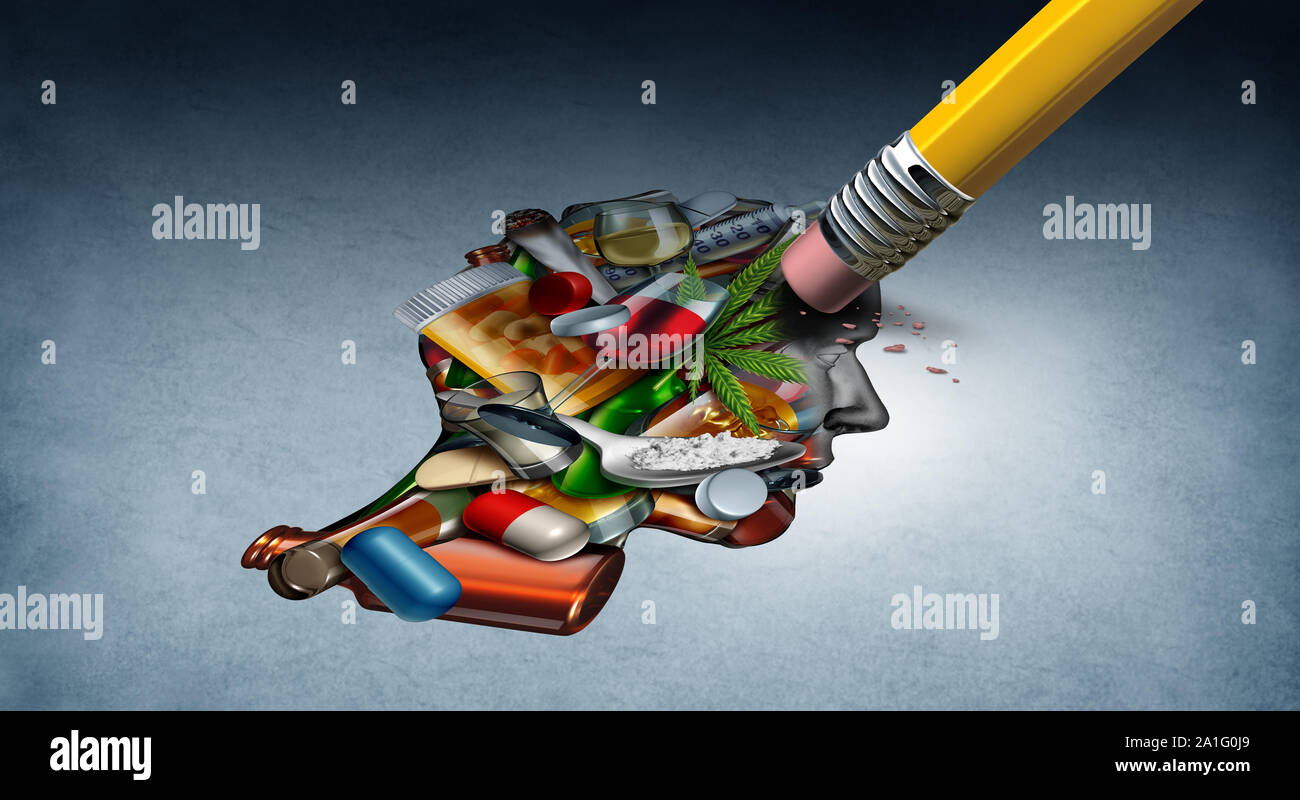 Drug addiction therapy and substance abuse treatment support as a mental health for an addict as a concept with 3D illustration elements. Stock Photo