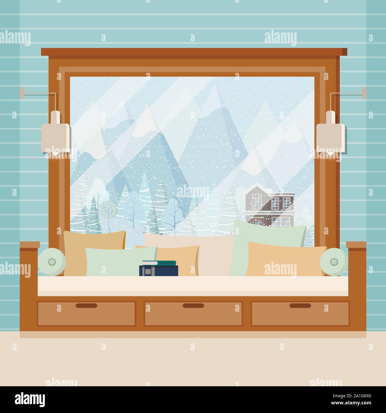 Wooden room window frame with lamps, sofa, pillows and book in flat cartoon style. Stock Vector