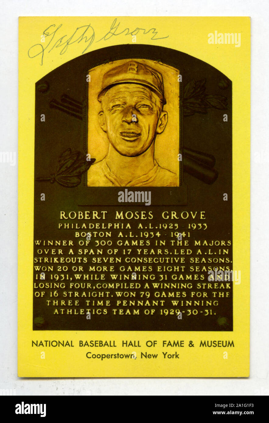 National Baseball Hall of Fame souvenir postcard depicting plaque and autographed by Lefty Grove. Stock Photo