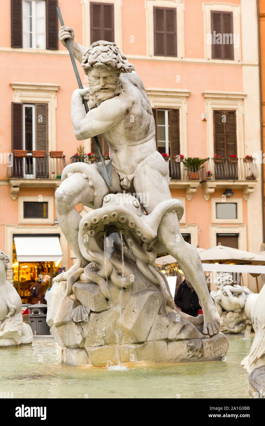 Detail of the Neptune fountain in Piazza Navona, Rome, Italy Stock