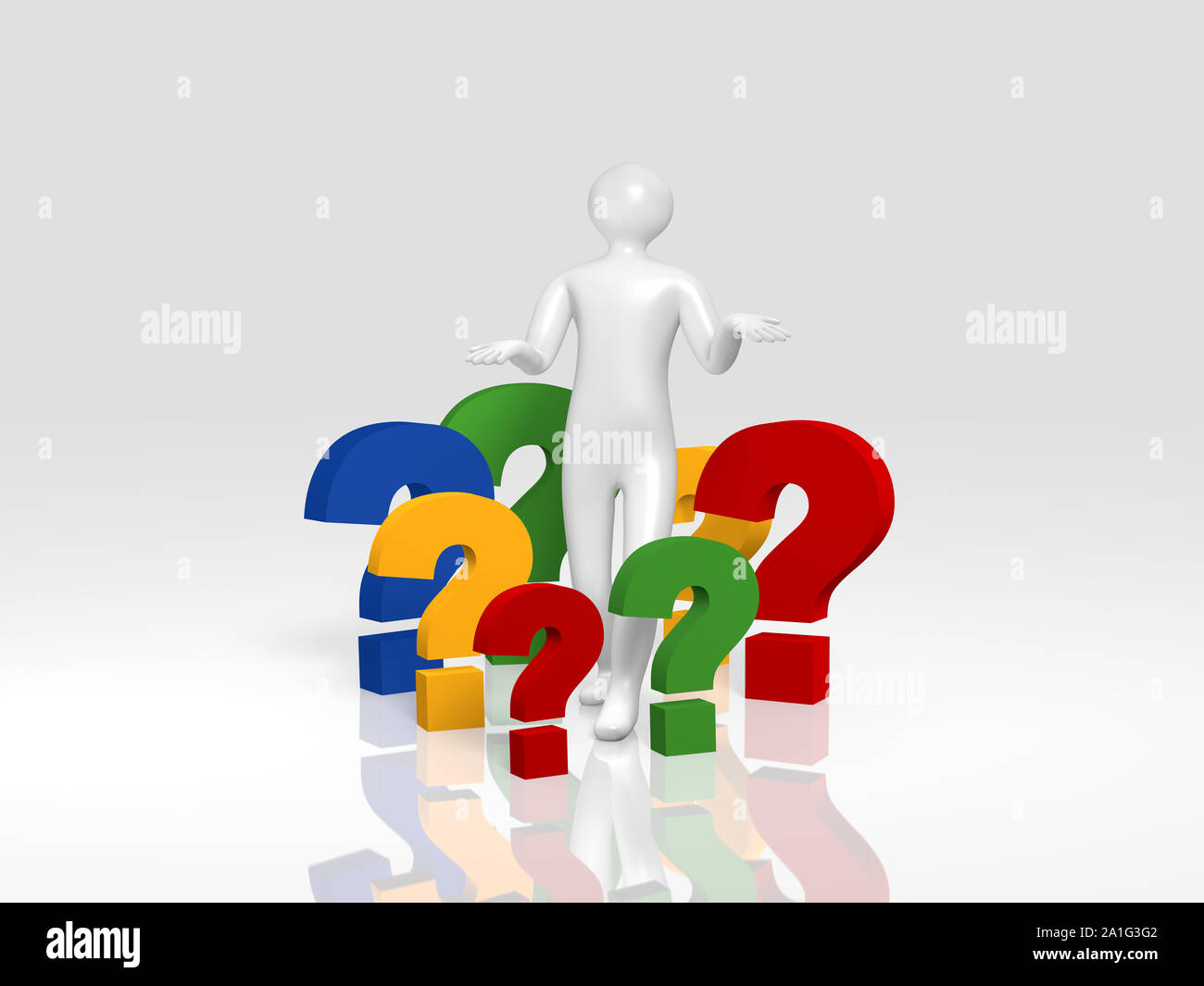 3d male stands in many colorful question marks. Isolated on white, 3d