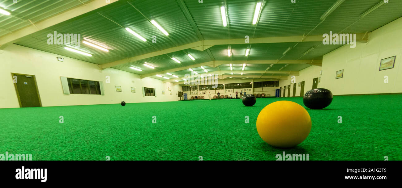 Wide angle view of indoor bowls carpet. Stock Photo