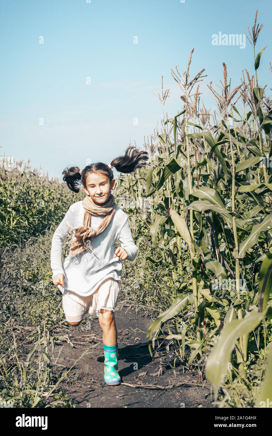 Happy little girl running through cornfield. Glad female child in casual clothes outdoor. Smiling kid in village. Girl with satisfied facial expressio Stock Photo