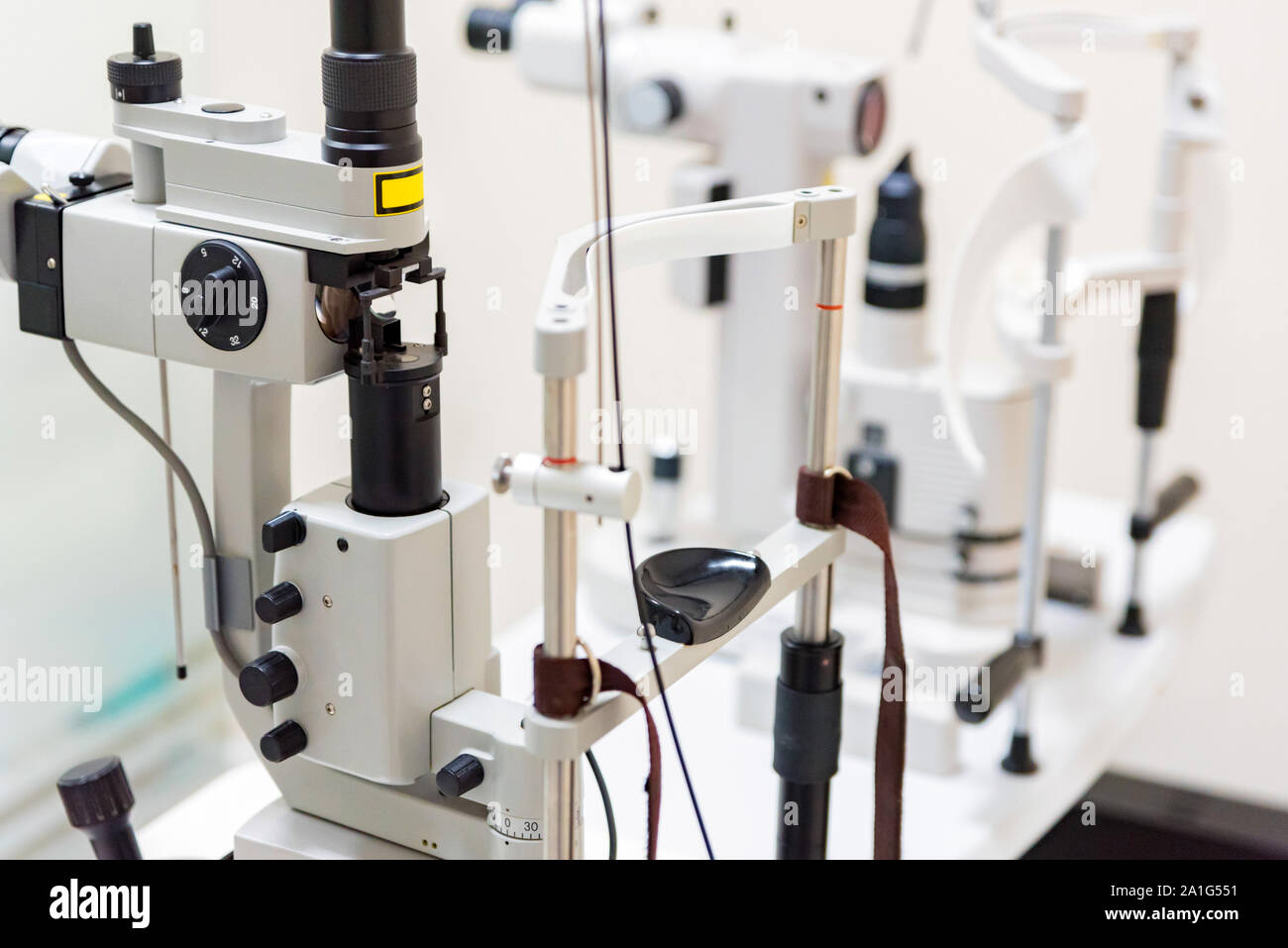 Elements of optical medical devices used in ophthalmology close Stock