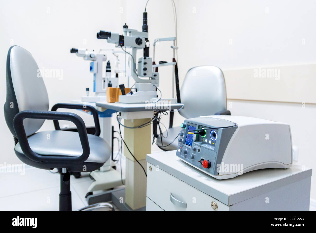 Elements of optical medical devices used in ophthalmology close Stock