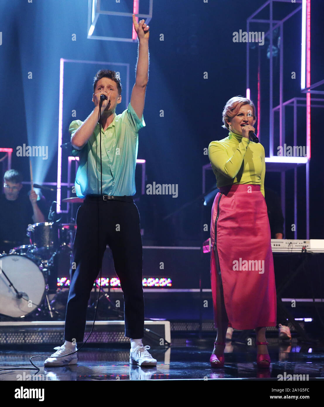 (left to right) Anders SG and Stine Bramsen from Alphabeat performing during the filming for the Graham Norton Show at BBC Studioworks 6 Television Centre, Wood Lane, London, to be aired on BBC One on Friday evening. Stock Photo