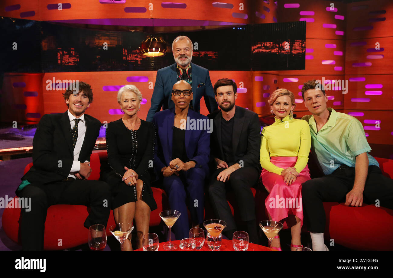 Host Graham Norton with (seated left to right) Simon Reeves, Helen Mirren, RuPaul, Jack Whitehall, Anders SG and Stine Bramsen during the filming for the Graham Norton Show at BBC Studioworks 6 Television Centre, Wood Lane, London, to be aired on BBC One on Friday evening. Stock Photo
