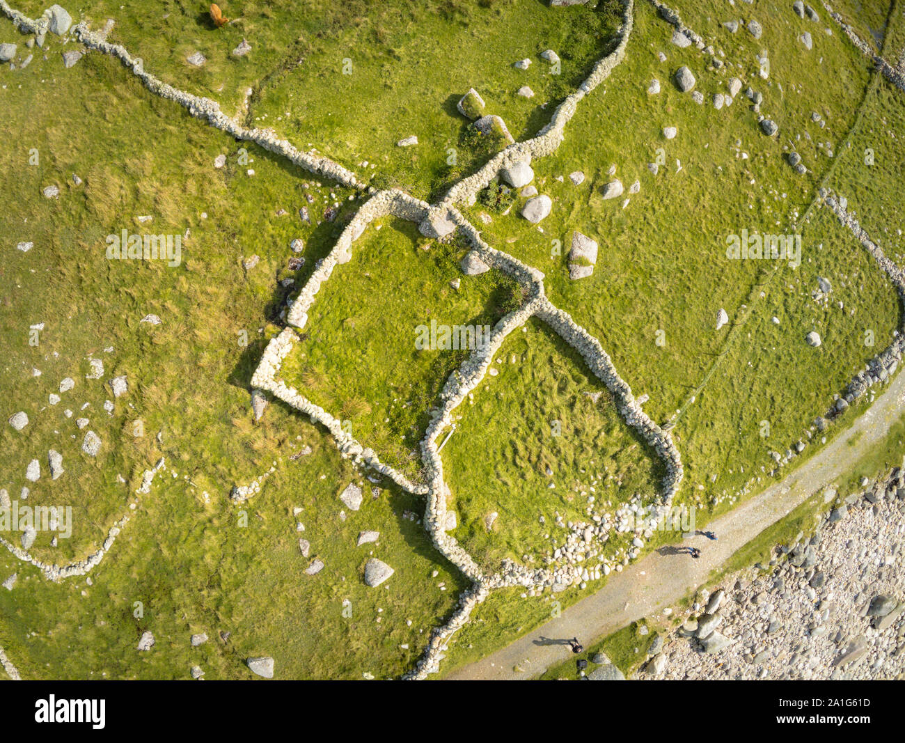 This is an aerial drone photograph of looking strait down onto old stone walls and fields in Ireland Stock Photo