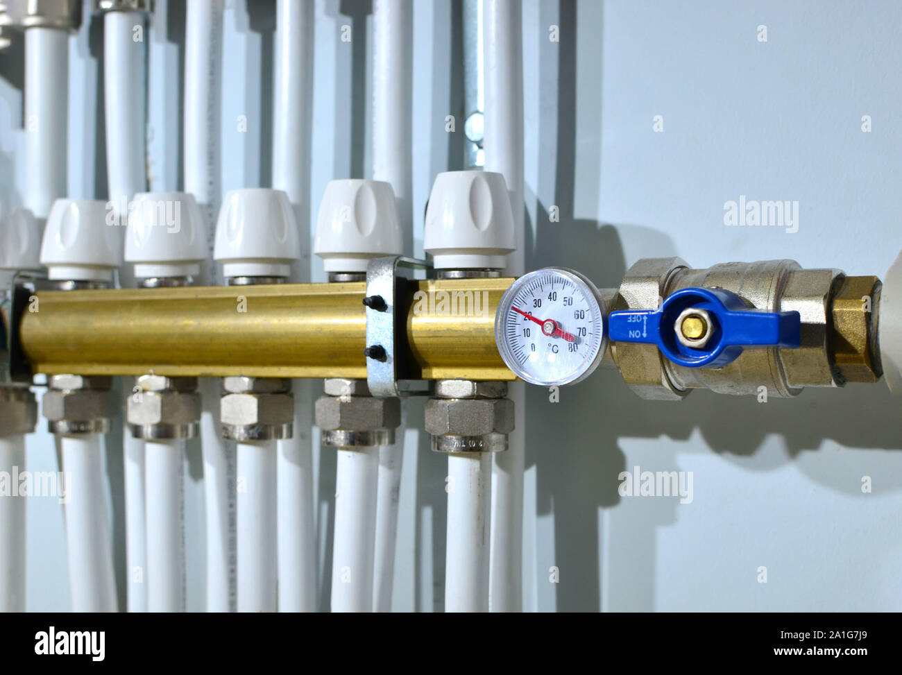 Close up of manometer, pipe, flow meter, water pumps and valves of